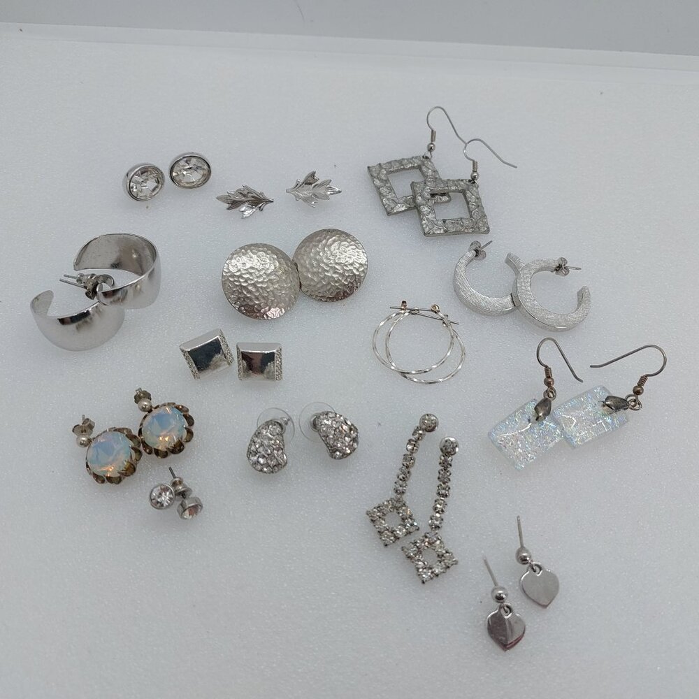 Mix Lot 14 Pairs Of Silver Tone Pierced Earrings